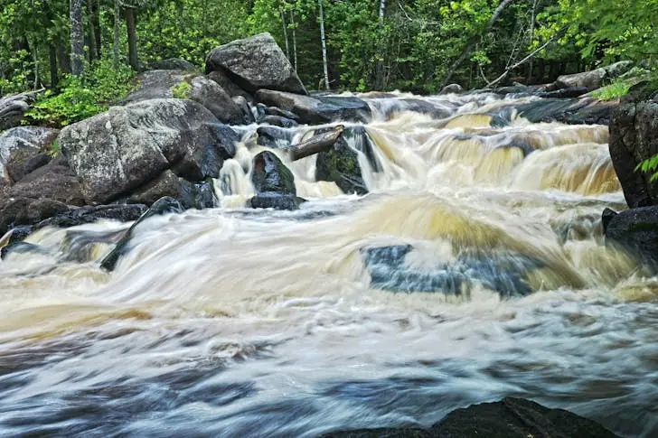 How does water change the shape of earth's surface - Strong current of water flowing on big rocks of a stream.